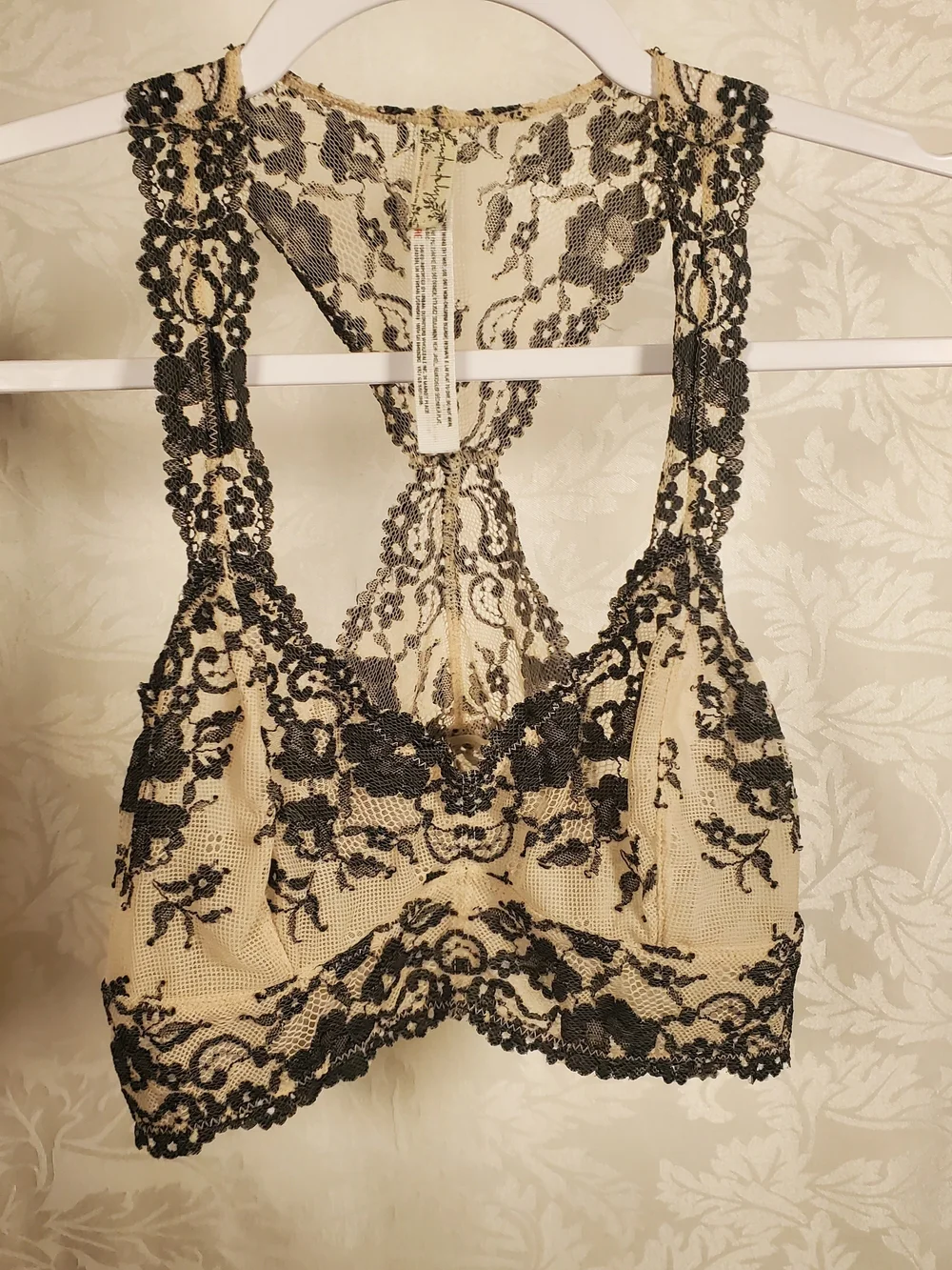 Free People Black Lace Overlay Racerback Bralette on Cream - Picture 1 of 6